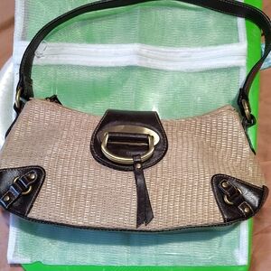 Woven Beige Straw Shoulder Bag with Dark Brown Trim
